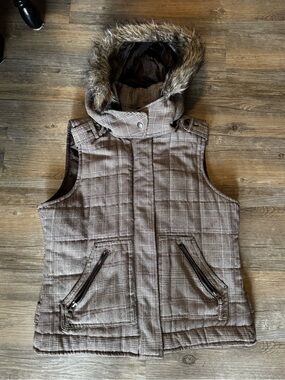 Vintage Y2K New York Classics Plaid Puffer Vest - Faux Fur Hood